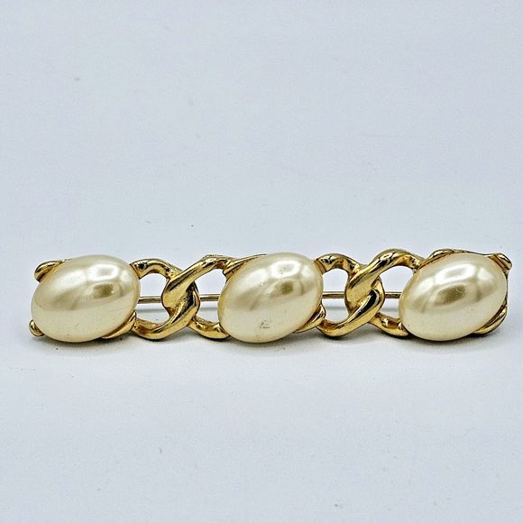 Faux Pearl Bar Brooch Vintage Gold Tone Links Elegant Statement Jewelry Pin - Picture 4 of 8